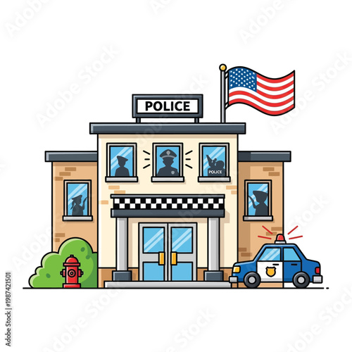 Cartoon police station building with officers, patrol car, flag. Symbolizes community law enforcement and safety