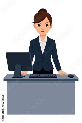 Professional Receptionist Standing at Front Desk With Computer