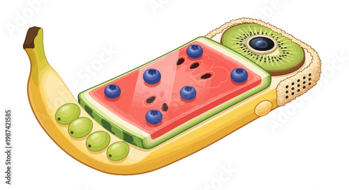 Creative fruit snack concept illustration with banana watermelon kiwi and blueberries