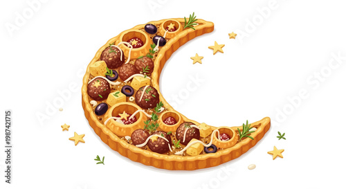 Crescent moon shaped pizza with various toppings on white background
