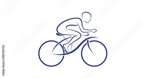 Cyclist on bicycle silhouette in dark blue lines on white background