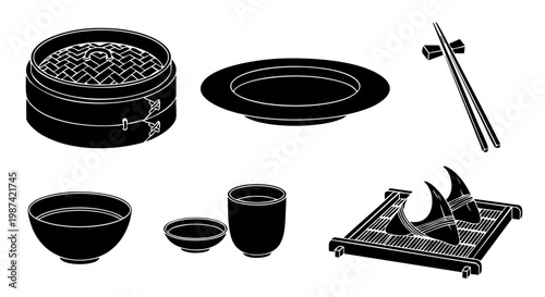 Traditional Asian Dining Tableware and Dim Sum Silhouette Vector Icons