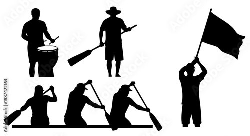 Silhouette collection of athletes and participants for traditional Dragon Boat Festival rowing competition events