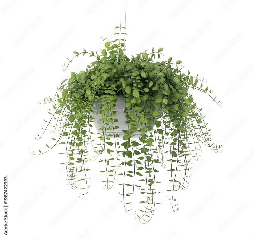 Fototapeta premium Green trailing plant in a white hanging pot with delicate vines and small leaves hanging plant green plant