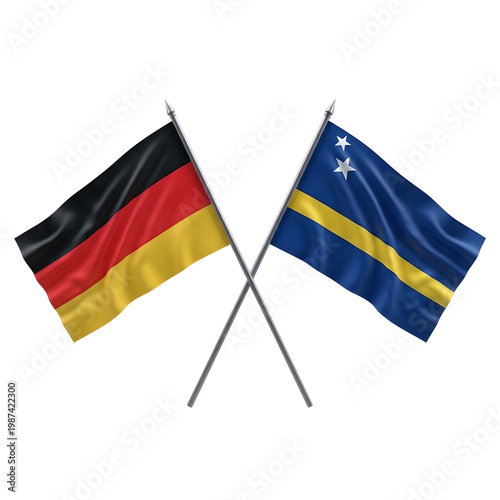 Two national flags germany and curaao crossed and waving on poles against a white background