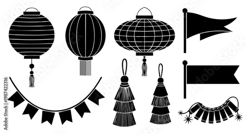 Collection of traditional Asian festival decorative elements in black silhouette