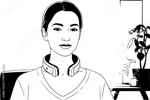 A serene woman in a bright home office wearing a sleek, futuristic wearable device on her neck. Soft morning light, plants in background, calm facial expression.