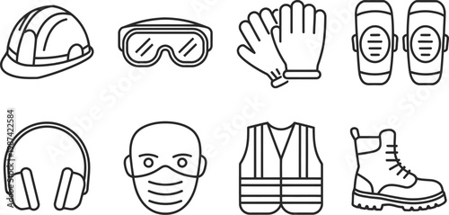 Industrial safety gear line icons collection with helmet eye protection workwear reflective vest boots and ear muffs for construction workers.