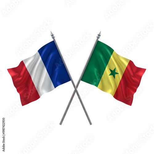 Crossed national flags of france and senegal waving on poles representing international relations