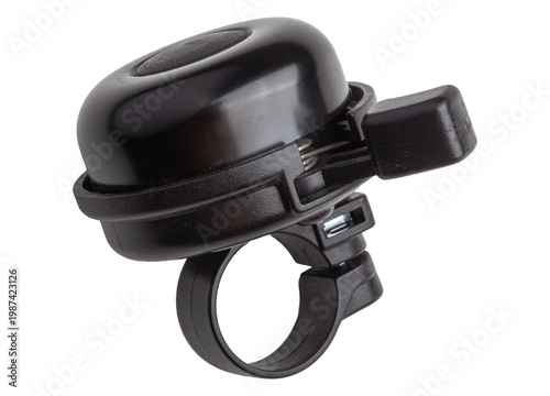 Compact black bike bell mounted on a handlebar ring isolated on a white background
