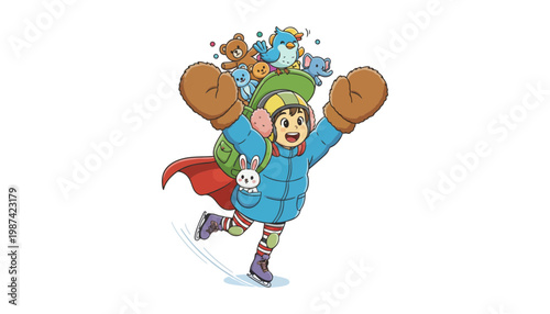 A happy child wearing a blue coat and carrying stuffed animals on their back while ice skating