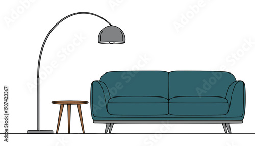 A modern teal sofa with a minimalist floor lamp and small wooden table