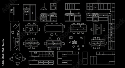 Kitchen Furniture Dining Layout Top View Blueprint Vector – Cupboard Sink Stove Pantry AutoCAD Plan White Outline on Black Background
