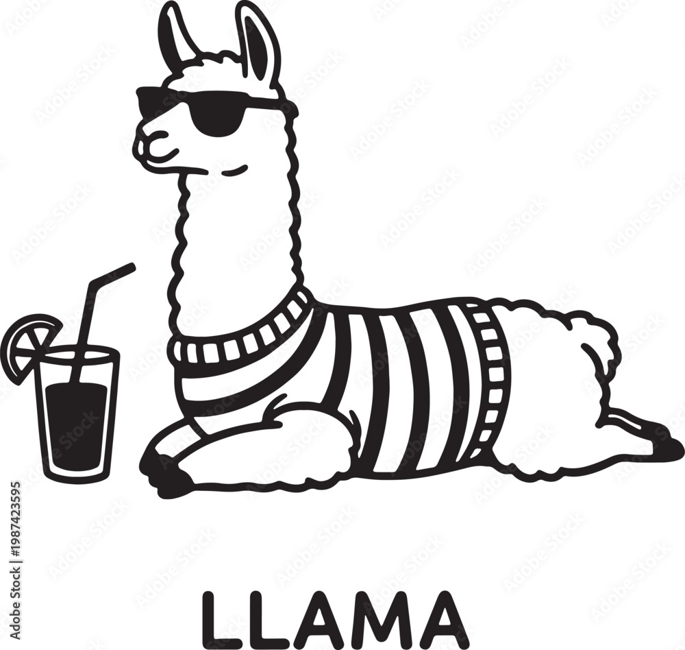 Fototapeta premium Stylized cartoon llama wearing sunglasses and a sweater enjoys a refreshing drink