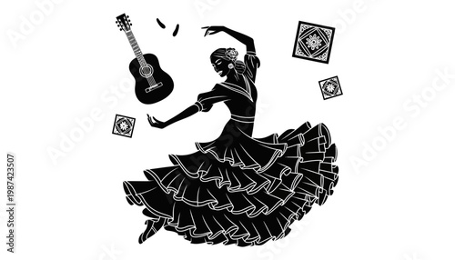 Flamenco dancer silhouette illustration with guitar and decorative squares floating around