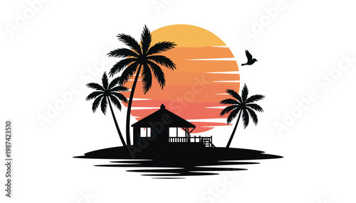 Palm tree silhouette illustration with a hut at sunset