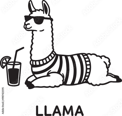 Stylized cartoon llama wearing sunglasses and a sweater enjoys a refreshing drink