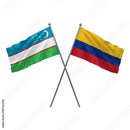 Two national flags uzbekistan and colombia crossed and waving gently against a white background