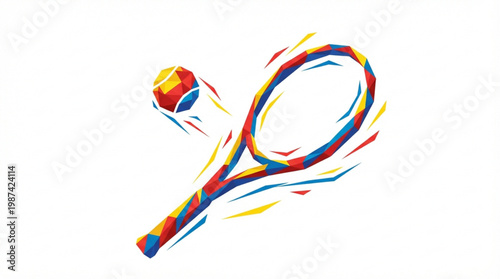 Colorful tennis racket and ball.