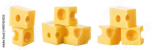 Konstfotografi Set of stacked swiss cheese cubes with holes arranged in different compositions,