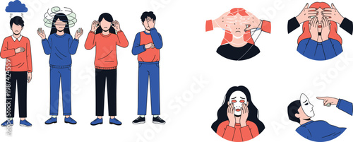Mental Stress and Anxiety Illustration Set with People Experiencing Headache, Confusion, Pressure, and Emotional Struggles Flat Vector Character Collection
