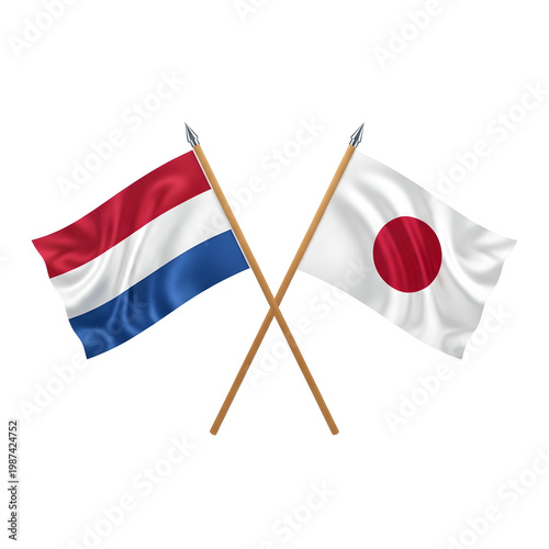 Two national flags netherlands and japan crossed and waving gently on wooden poles against a white