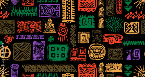 Colorful tribal seamless pattern inspired by Mayan, Aztec and Polynesian motifs. Ethnic geometric ornament texture for fabric print, rugs, decor, and abstract vector background design. Maya pattern.