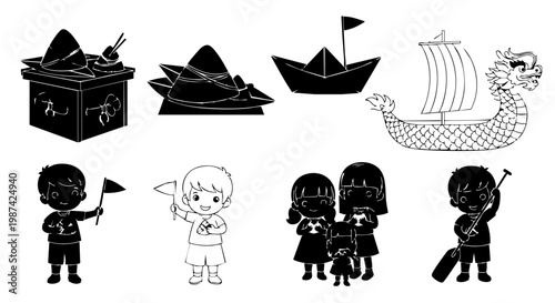 Traditional dragon boat festival vector silhouettes featuring rice dumplings children and cultural celebration items