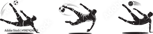Three silhouettes show a soccer player performing an acrobatic bicycle kick.