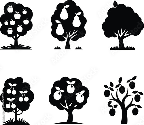 Fruit Trees Silhouettes Vector Collection: Apples Pears Cherries Plums