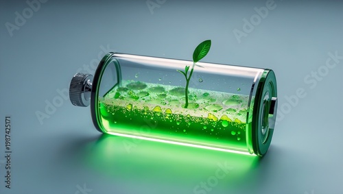 Futuristic glass battery cell filled with glowing neon green bio-fuel and tiny plant sprout