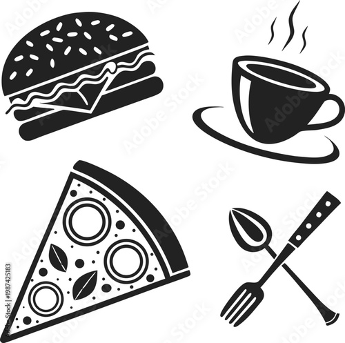 silhouette food icon set burger pizza coffee spoon on transparent background