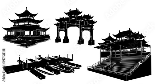 Premium Set of Traditional East Asian Architecture Silhouettes Isolated Graphic