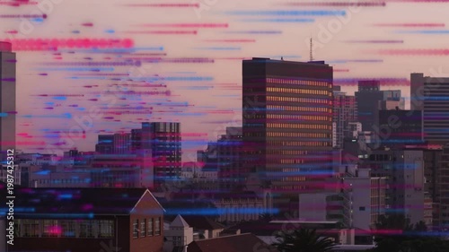 Color streaks entering left sweeping across skyline, crossing tower windows and forming bands