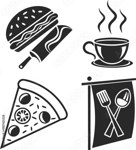 silhouette food icon set burger pizza coffee on transparent background