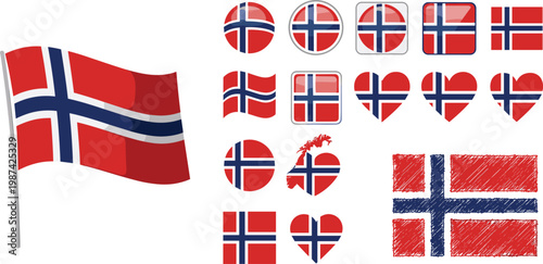 Norway Flag Icon Set with Norwegian Symbols, Waving Flag, Circular Badges, Heart Shapes, and National Identity Elements Flat Vector Illustration