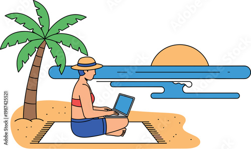 A woman works on her laptop at a peaceful beach on transparent background