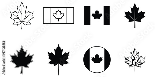Canada day icons maple leaves and flags celebrating canadian national day