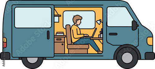 A man works on his laptop inside a converted van on transparent background