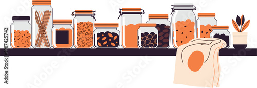 A colorful illustration of various food items stored in glass jars on a shelf with a reusable bag on transparent background