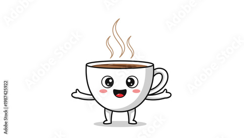 Happy cartoon coffee cup character with a wide smile and arms wide open in a welcoming gesture against a clean white background.