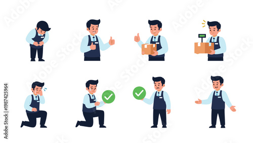 Male shop assistant character set showing various emotions and actions like bowing, giving thumbs up, and holding delivery boxes.