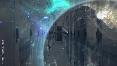 Vertical video: Overlay appearing, CGI globe shifting over racks, sending network arcs into servers