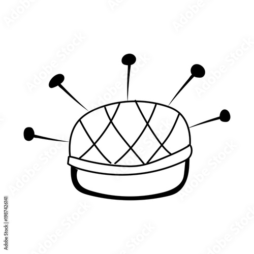 Black and white pincushion with pins. Doodle sewing tool.
