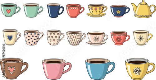 Hand Drawn Coffee Cup and Teacup Vector Set with Cute Patterns, Ceramic Mugs, Teapot and Hot Beverage Illustration for Cafe and Kitchen Design