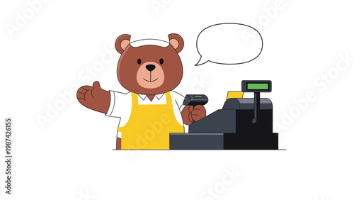 Friendly brown bear character dressed as a shop cashier standing behind a retail register with a speech bubble for text.