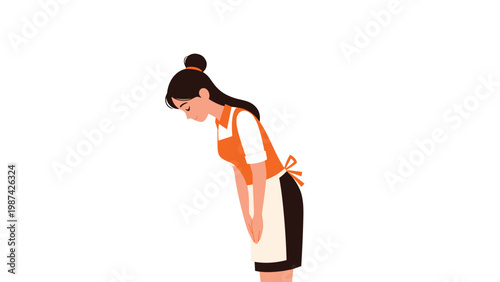 Polite female service worker wearing an orange apron bowing respectfully as a gesture of greeting or apology on a white background.