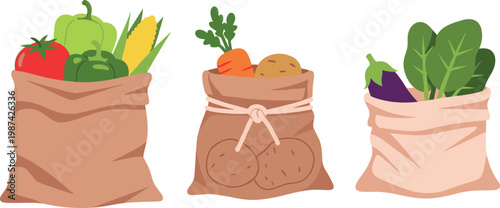 Three brown paper bags filled with fresh vegetables and food on transparent background