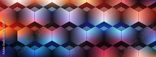 Abstract vector banner with colorful mesh gradient background and isometric geometric hexagon and diamond pattern. Modern dynamic template.