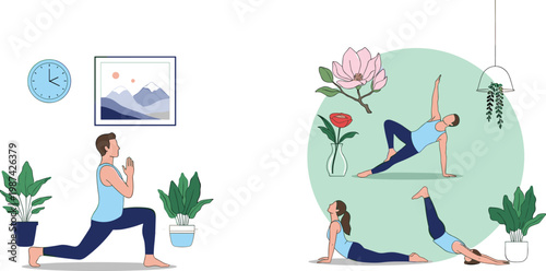 Home Yoga Practice Illustration Set with People Performing Stretching Exercises, Indoor Plants, and Modern Interior Scene for Fitness, Wellness, and Healthy Lifestyle Design